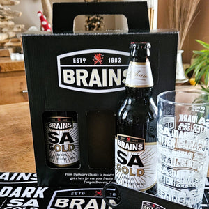 2x Bottles of Gold with Branded Brains Glass, Bar Runner & Bar Blade.,